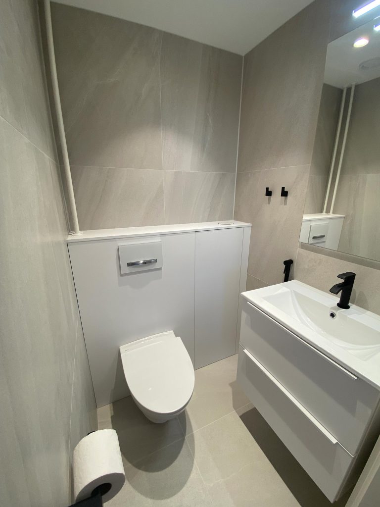 Valkoinen kylpyhuone peilikaapilla ja seinä-WC:llä